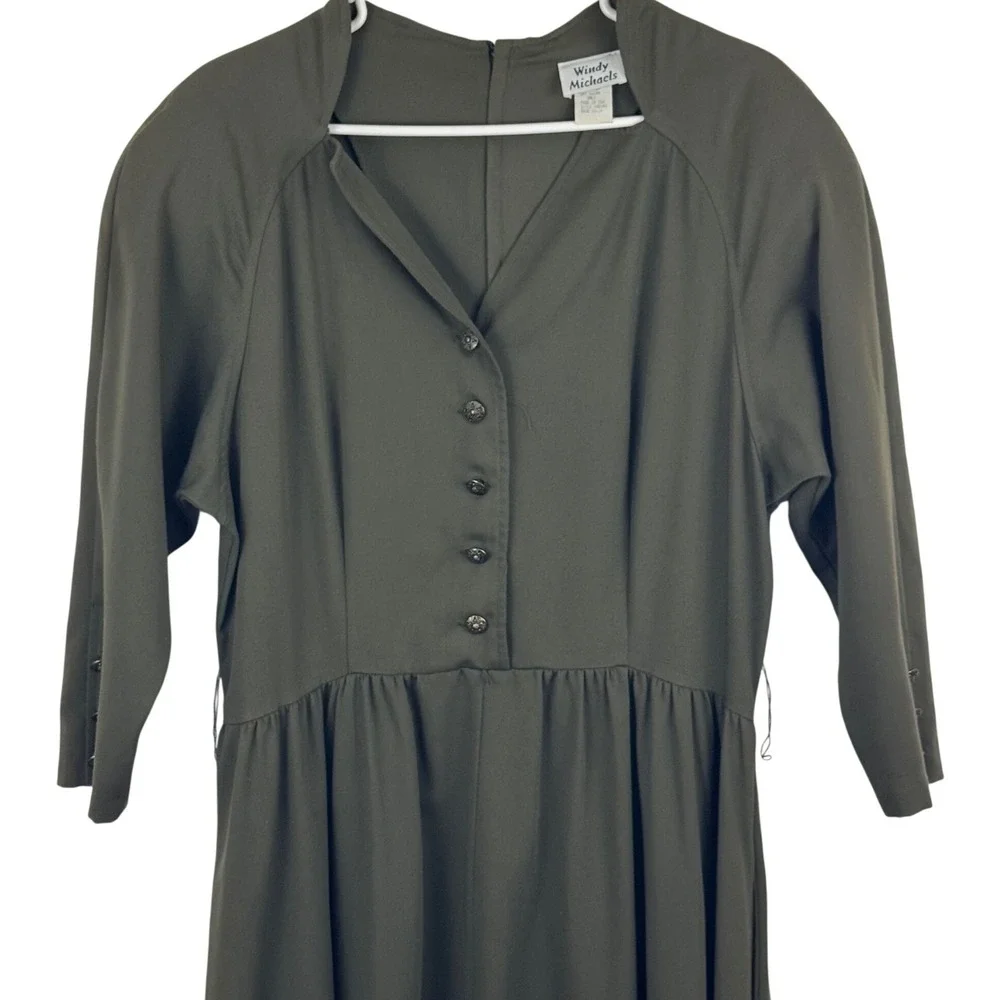 Vintage 80s Olive Green Midi Dress Prairie Cottagecore Dark Academia USA 13/14 - Picture 4 of 11
